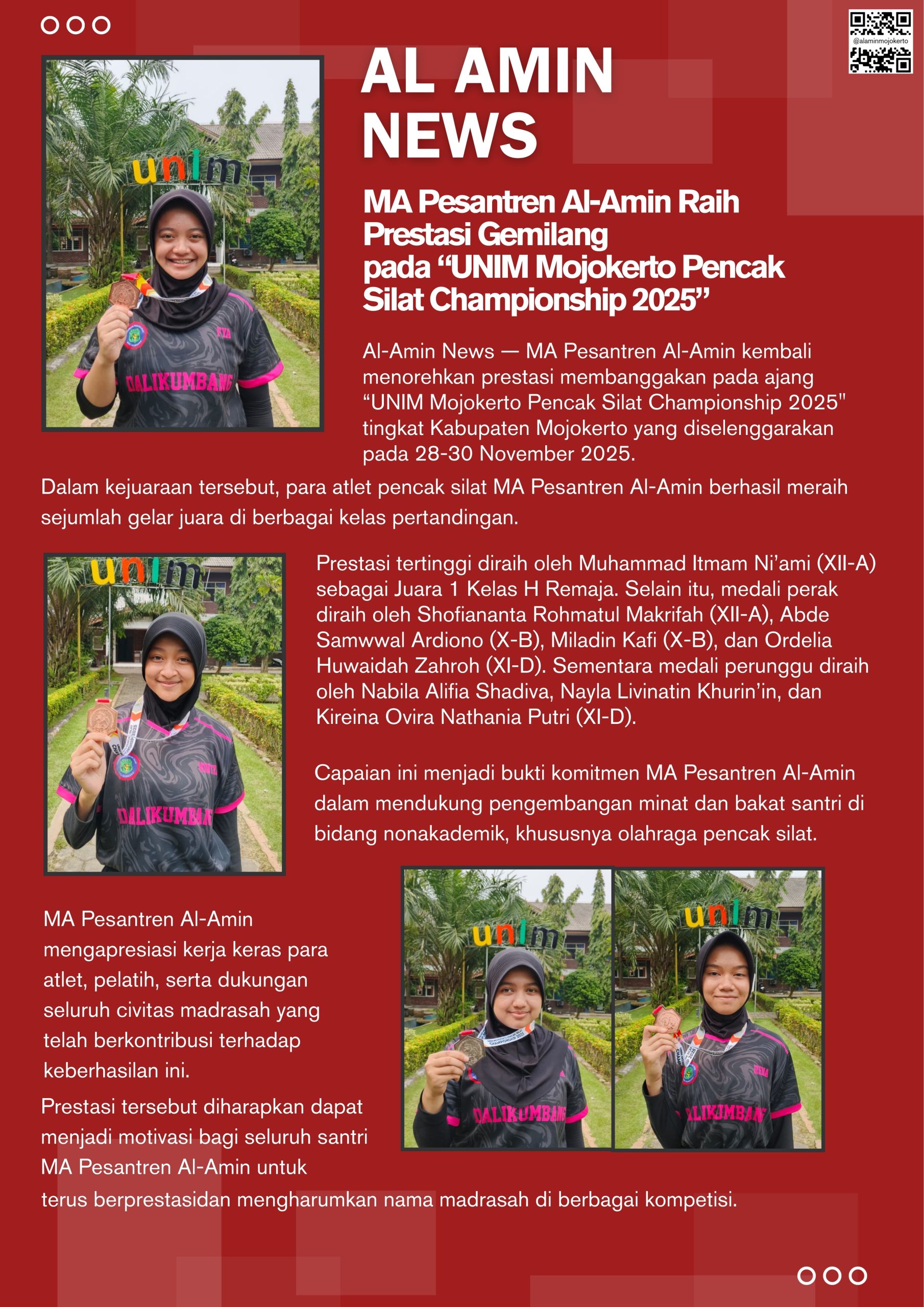 MA Pesantren Al-Amin Raih Prestasi Gemilang pada UNIM Mojokerto Pencak Silat Championship 2025